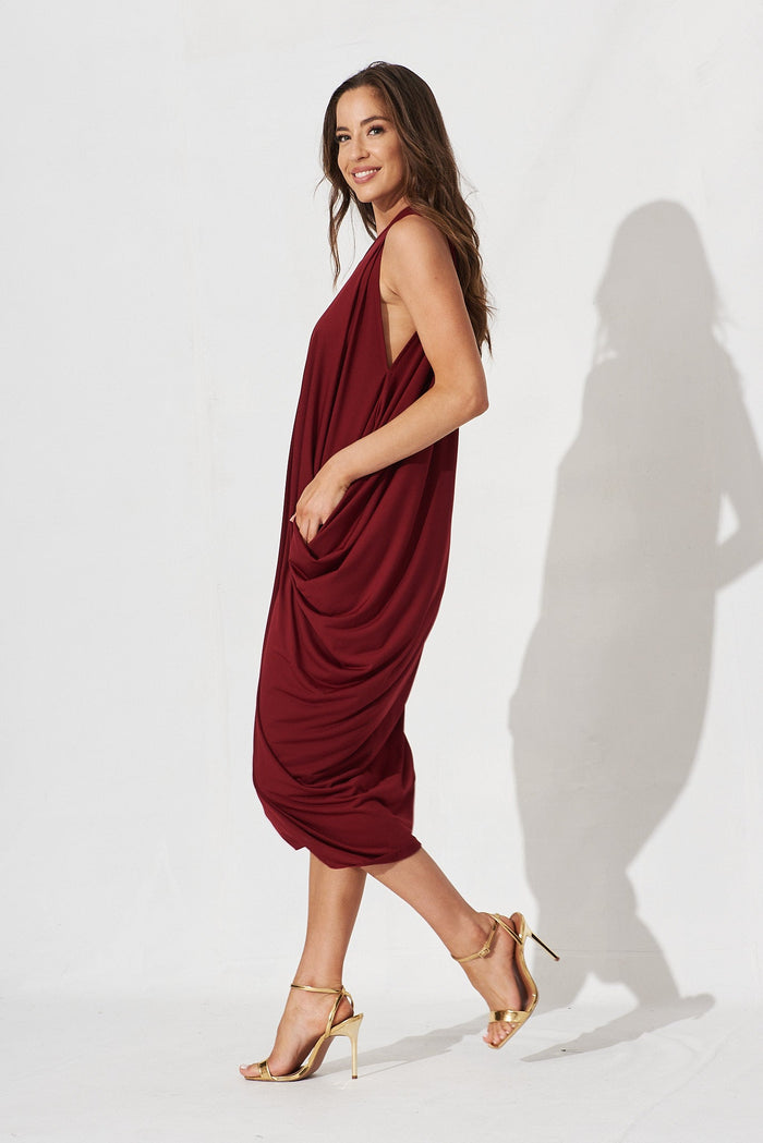 Goddess One Shoulder Maxi Dress In Wine - left side