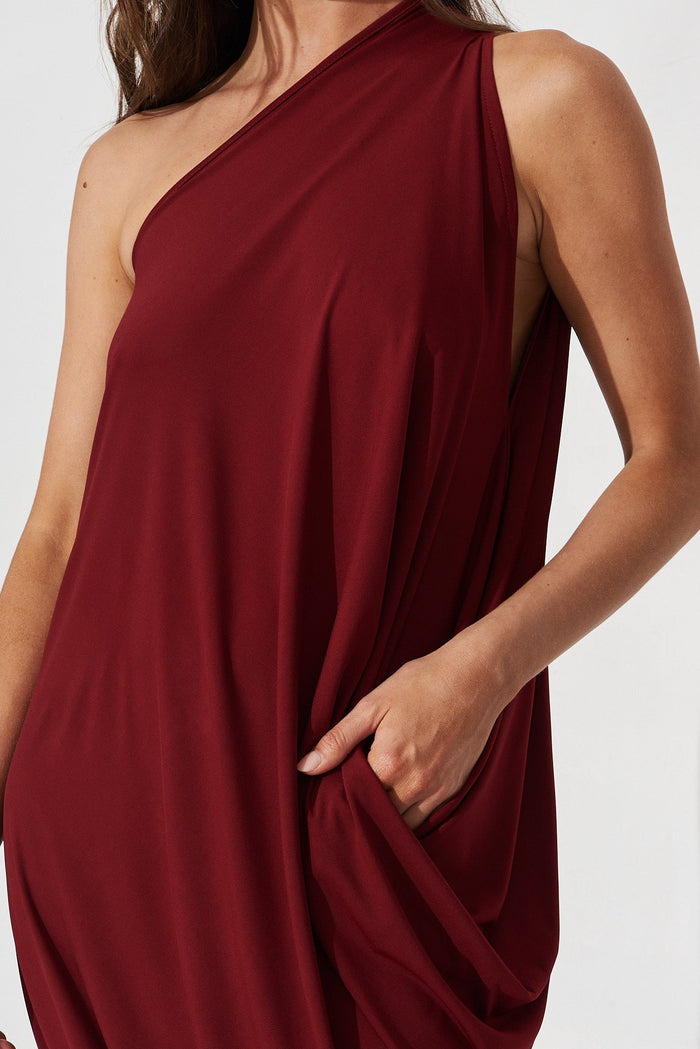 Goddess One Shoulder Maxi Dress In Wine - detail