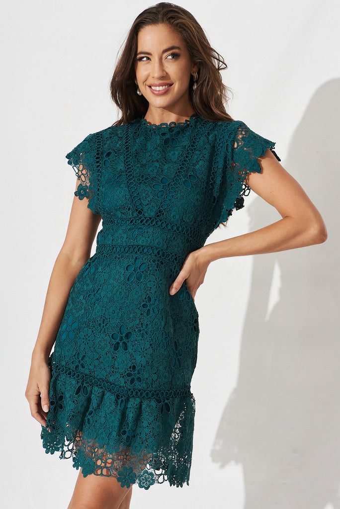 Niamh Dress In Teal Lace - front