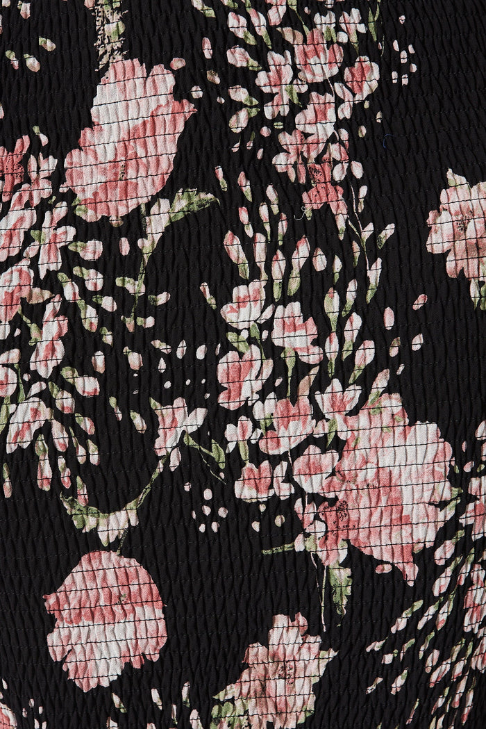 Shoreline Midi Dress In Black With Pink Floral Chiffon - fabric