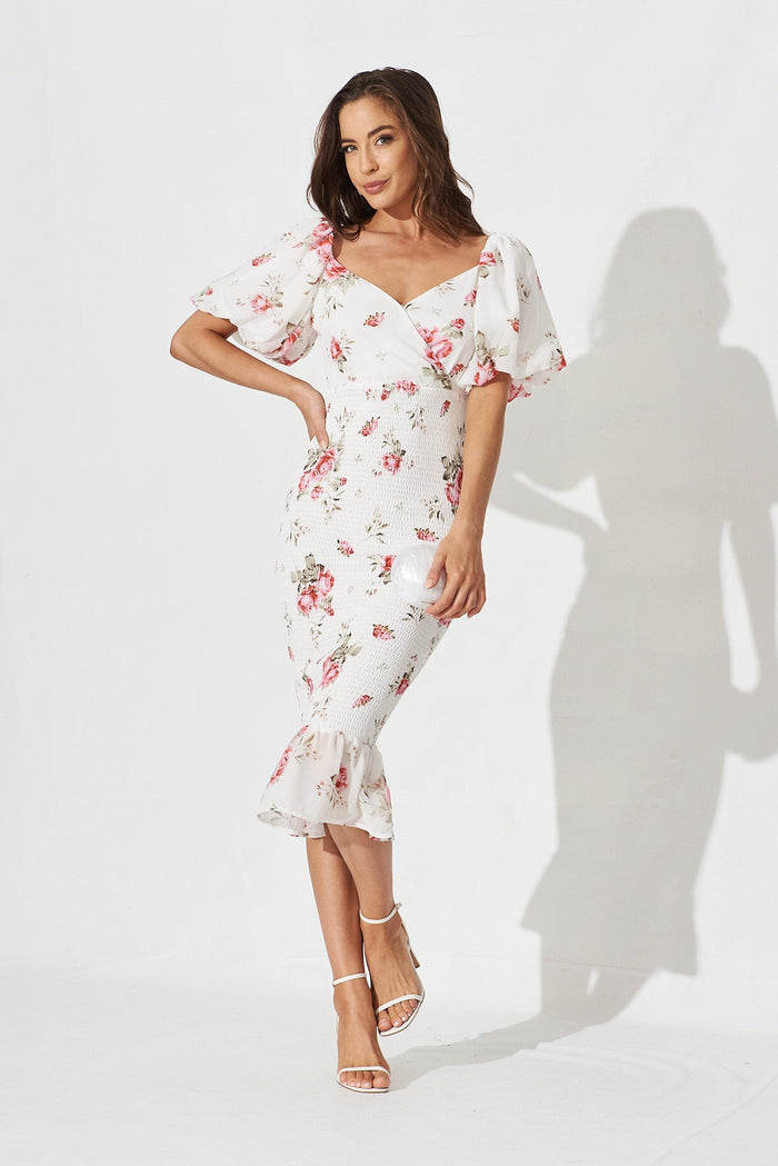 Shoreline Midi Dress In White With Blush Rose Floral - full length