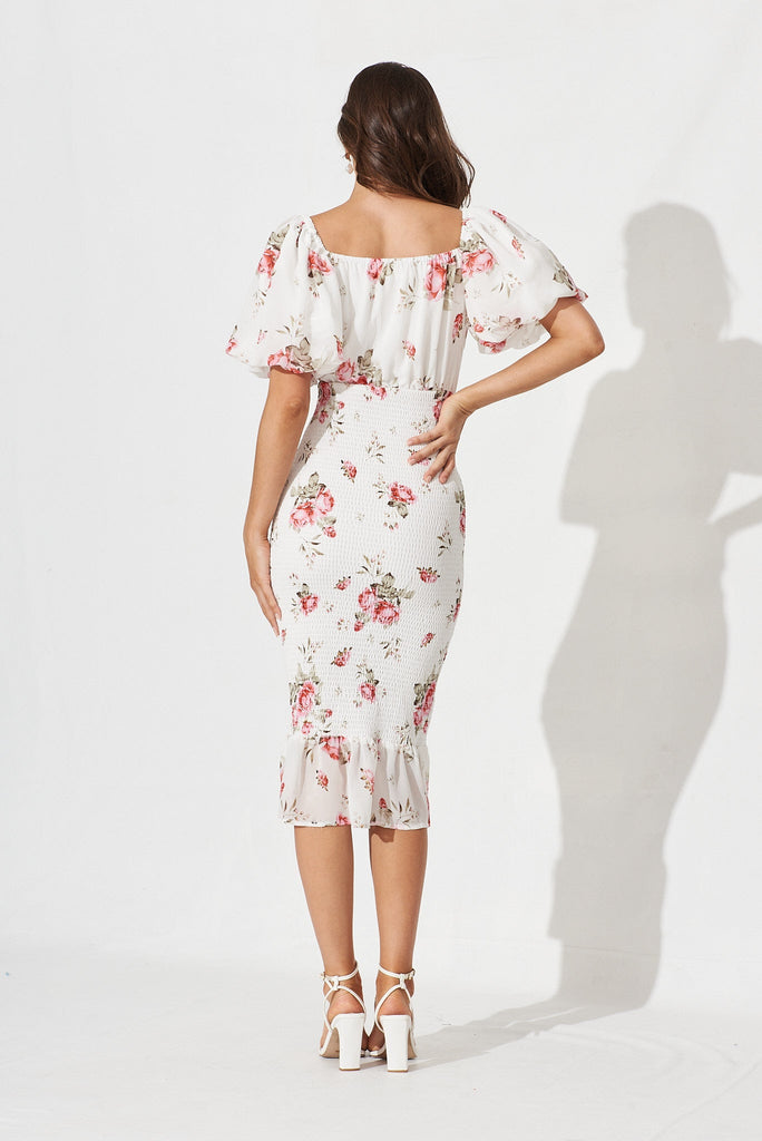 Shoreline Midi Dress In White With Blush Rose Floral - back