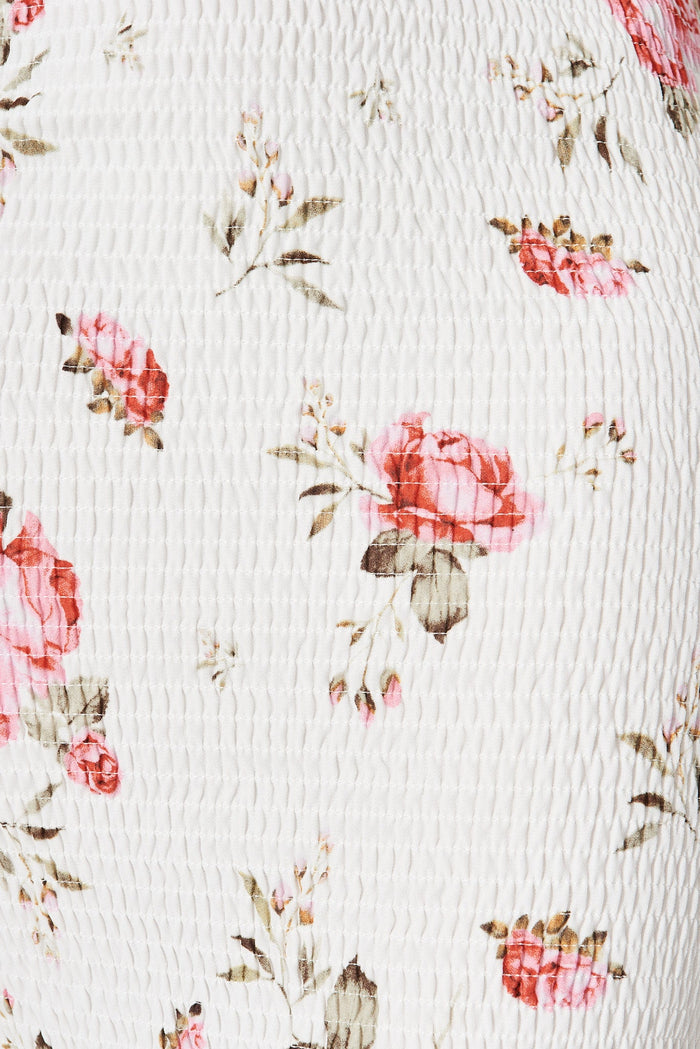 Shoreline Midi Dress In White With Blush Rose Floral - fabric