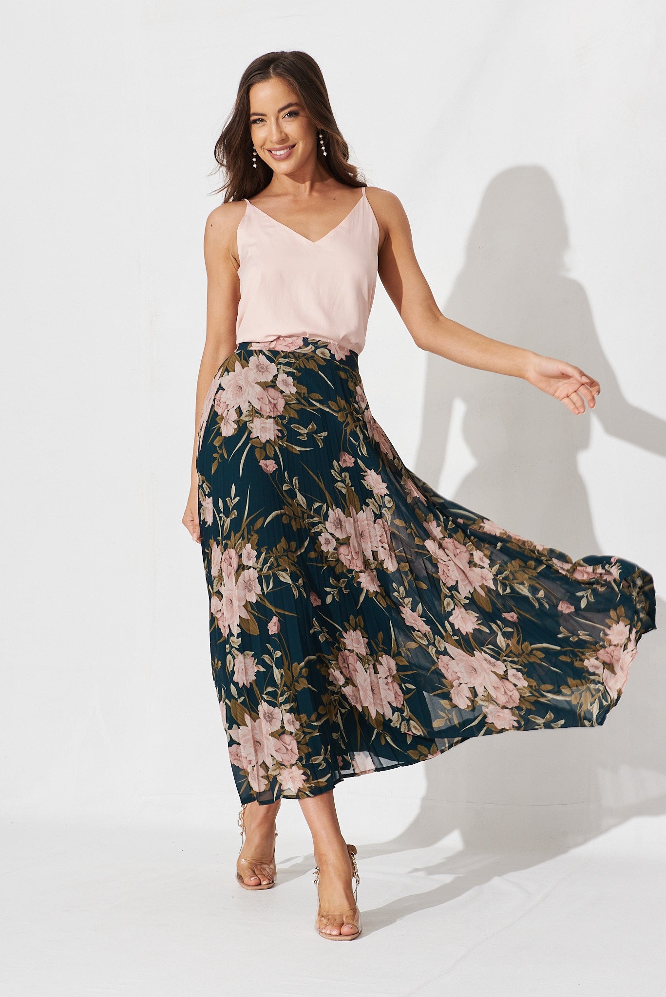 Tallie Midi Pleat Skirt In Emerald With Blush Floral Chiffon - full length