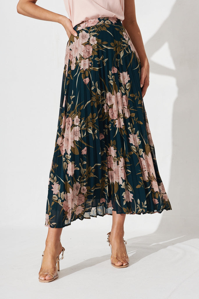 Tallie Midi Pleat Skirt In Emerald With Blush Floral Chiffon - front