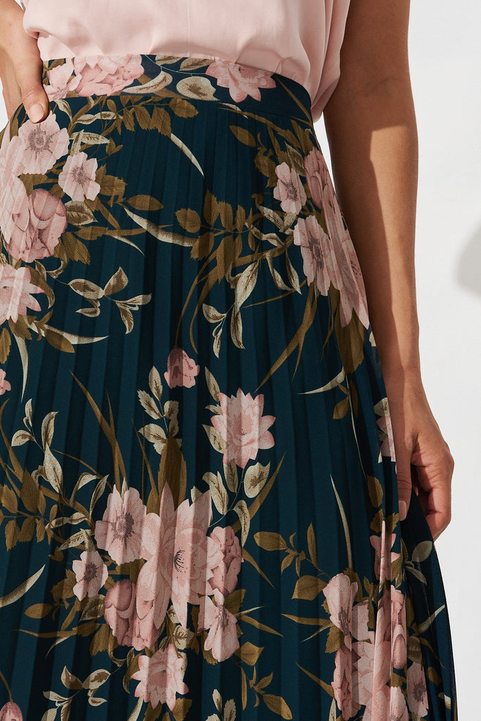 Tallie Midi Pleat Skirt In Emerald With Blush Floral Chiffon - detail