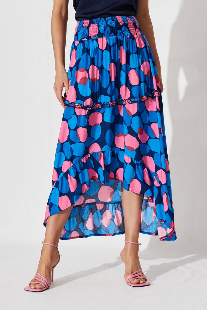 Tonia Maxi Skirt In Navy With Blue Spot - front
