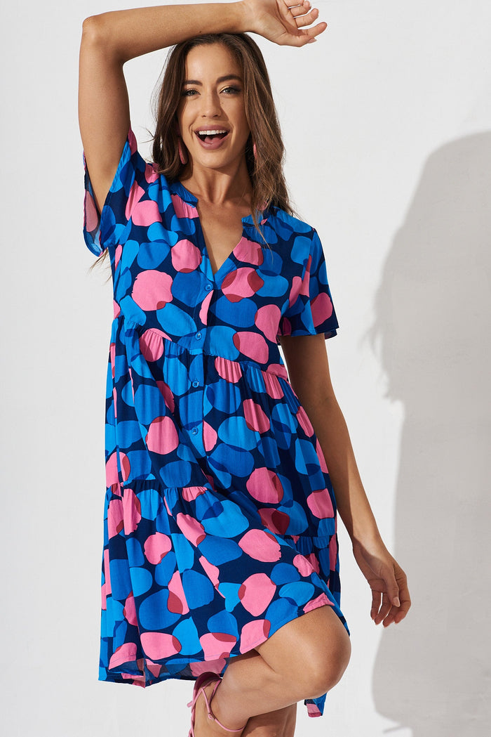 Shelby Smock Dress In Navy With Blue Spot - front