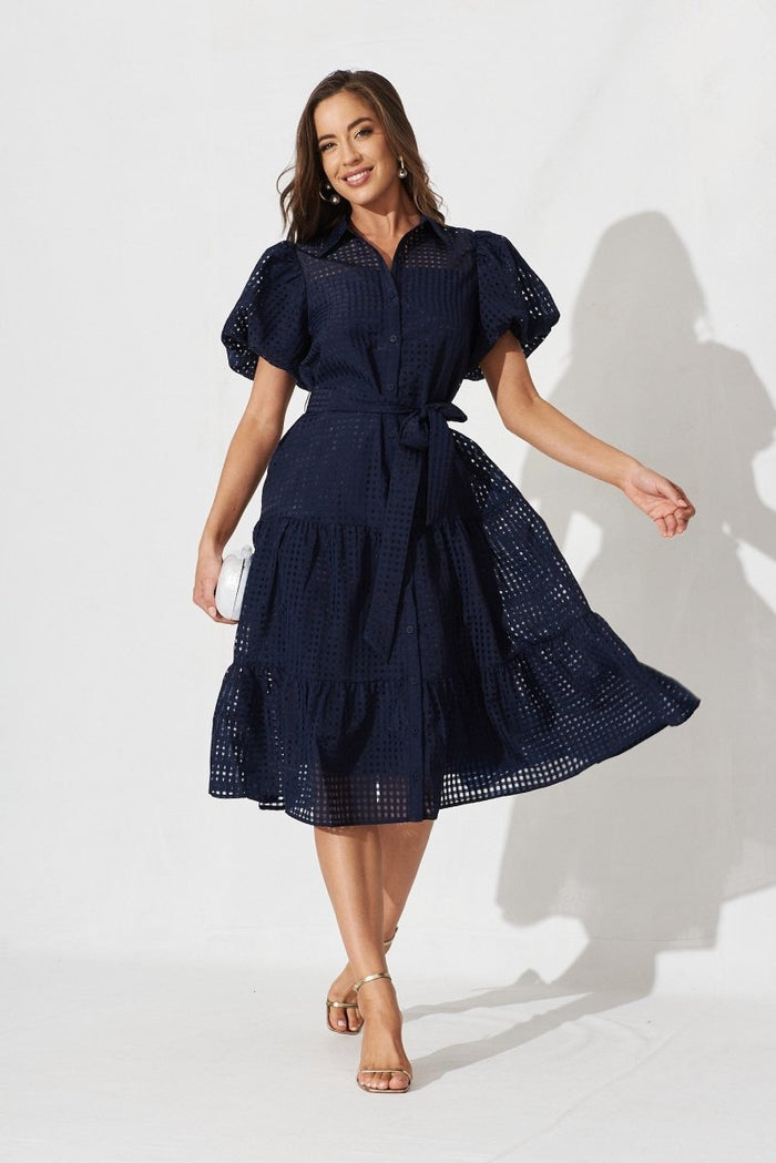 Cantia Midi Shirt Dress In Navy Organza - St Frock (Dev)