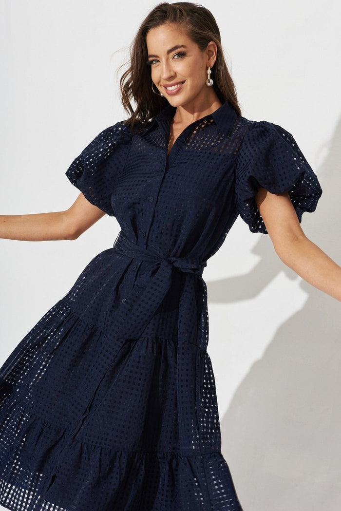 Cantia Midi Shirt Dress In Navy Organza - St Frock (Dev)