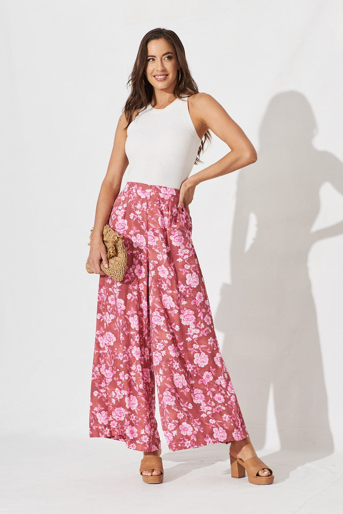 Eleanor Wide Leg Pant In Dusty Rose With Pink Floral - full length