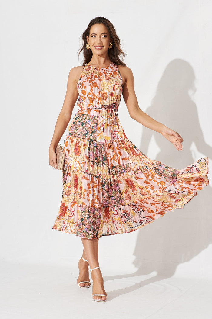 Andriana Midi Dress In Blush With Orange And Green Floral Chiffon - St Frock (Dev)