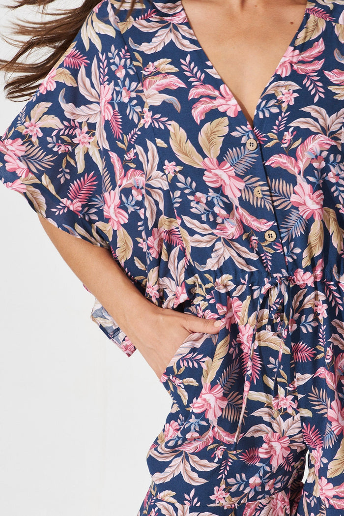 Shella Playsuit In Navy With Blush Floral - detail
