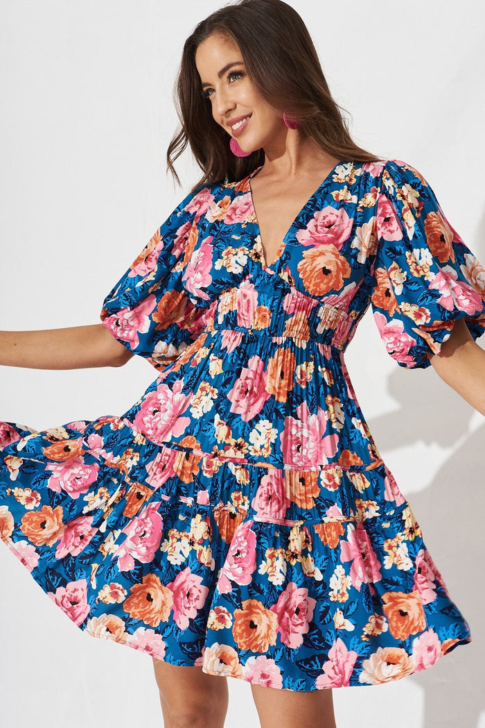 Amaryllis Dress In Navy With Pink Floral - St Frock (Dev)