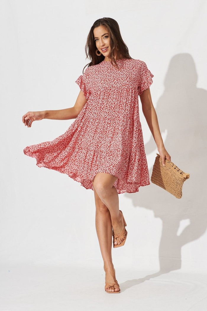 Chiswick Smock Dress In Red With Small White Floral - St Frock (Dev)