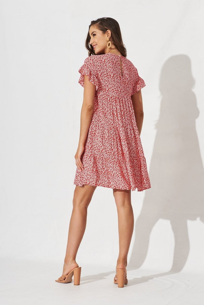 Chiswick Smock Dress In Red With Small White Floral - St Frock (Dev)