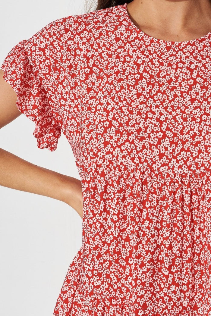Chiswick Smock Dress In Red With Small White Floral - St Frock (Dev)