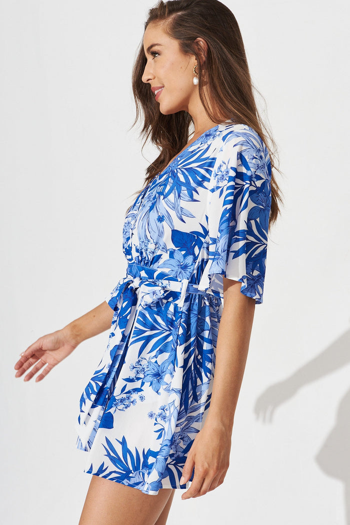 Mojita Playsuit In White With Cobalt Leaf Print - side