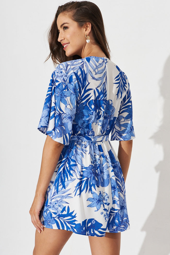 Mojita Playsuit In White With Cobalt Leaf Print - back