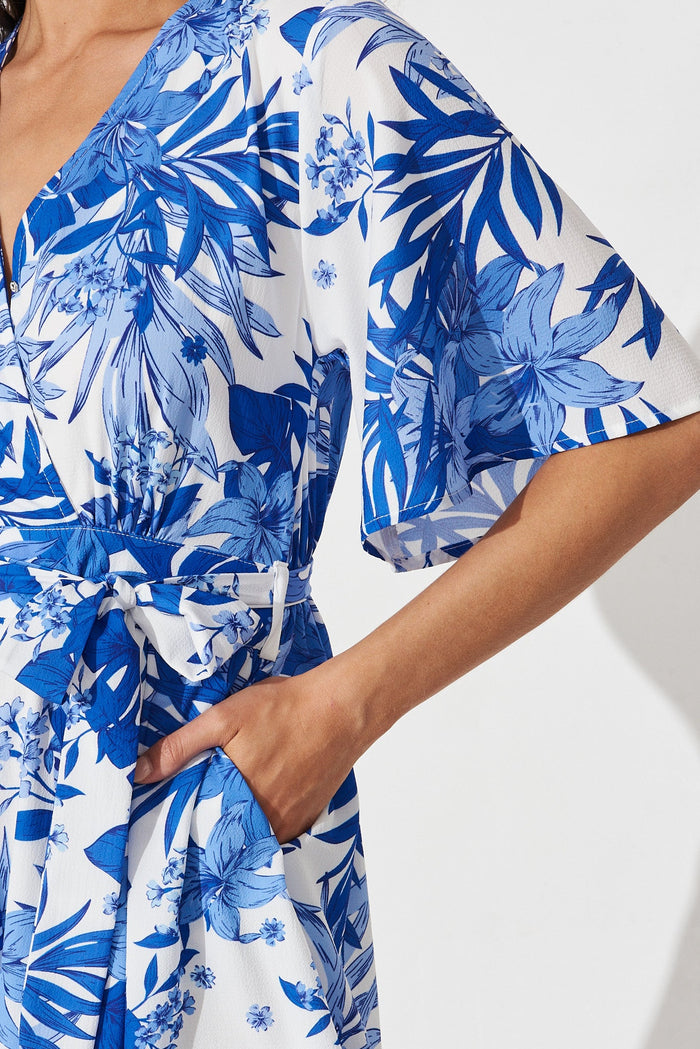 Mojita Playsuit In White With Cobalt Leaf Print - detail