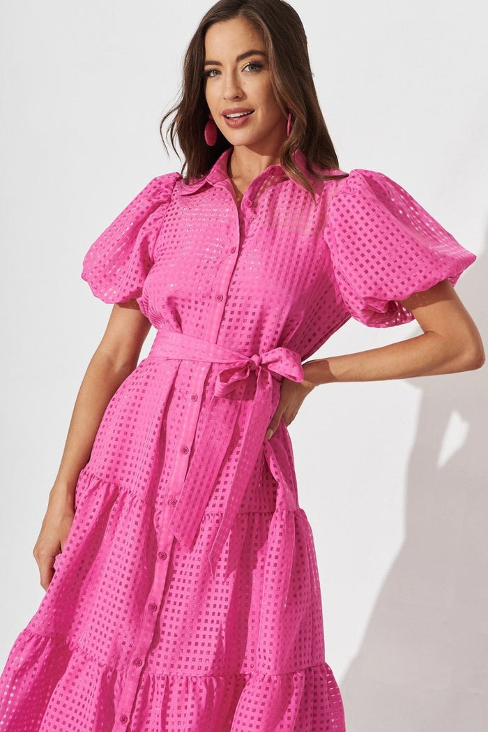 Cantia Midi Shirt Dress In Hot Pink Organza - St Frock (Dev)