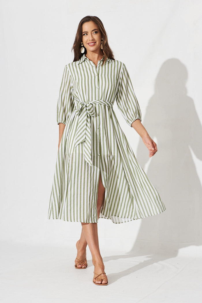 Angelica Midi Dress In Sage Green With White Stripe Cotton Blend - St Frock (Dev)