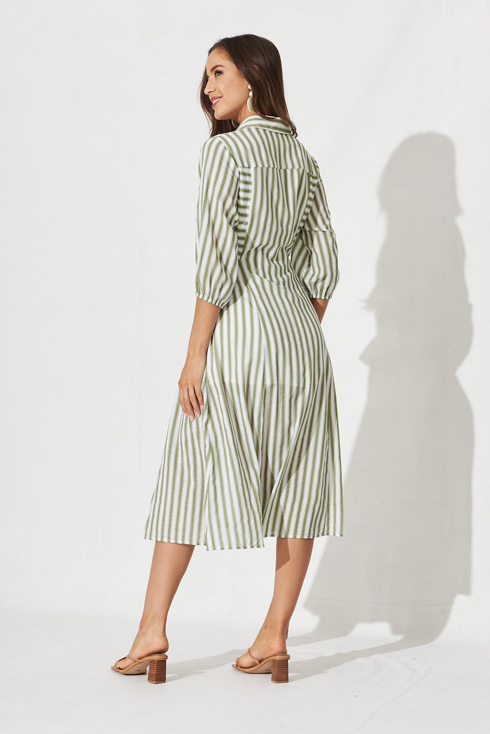 Angelica Midi Dress In Sage Green With White Stripe Cotton Blend - St Frock (Dev)