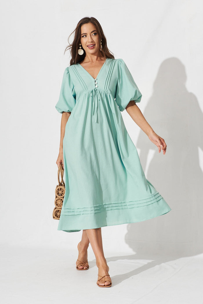 Esther Midi Smock Dress In Aqua Blue Linen Blend - full length