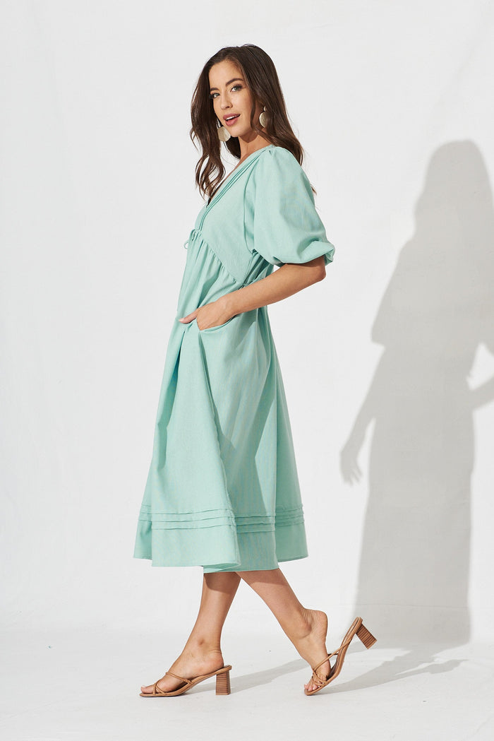 Esther Midi Smock Dress In Aqua Blue Linen Blend - side