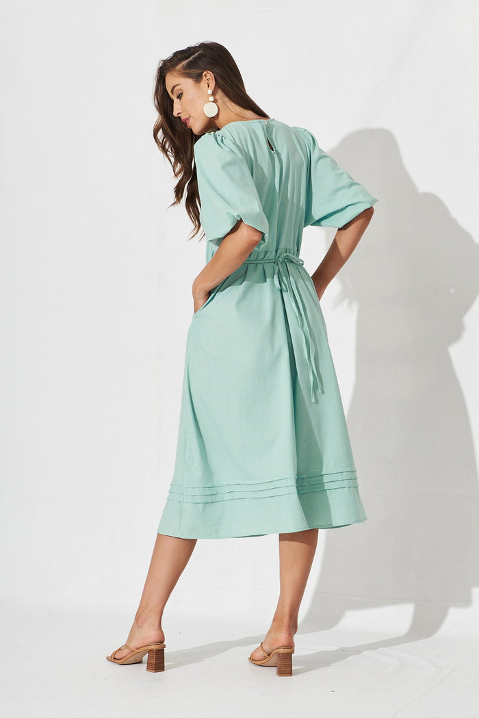 Esther Midi Smock Dress In Aqua Blue Linen Blend - back