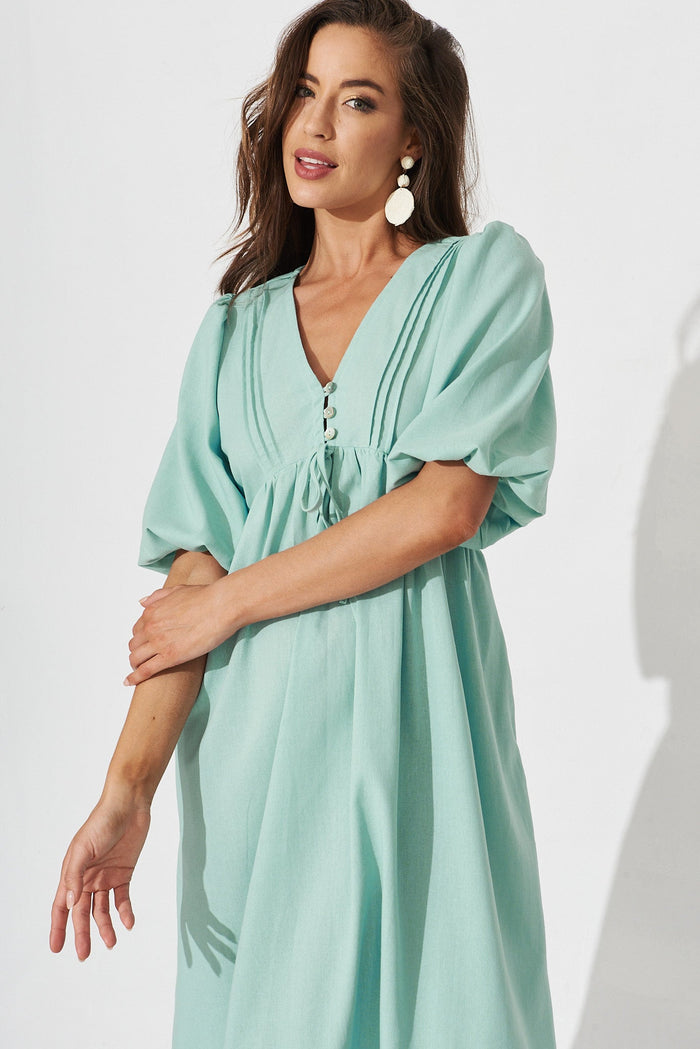 Esther Midi Smock Dress In Aqua Blue Linen Blend - front