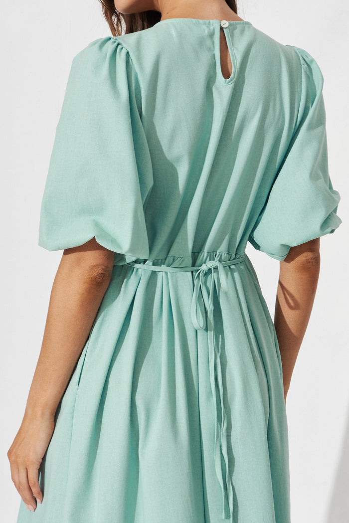 Esther Midi Smock Dress In Aqua Blue Linen Blend - detail