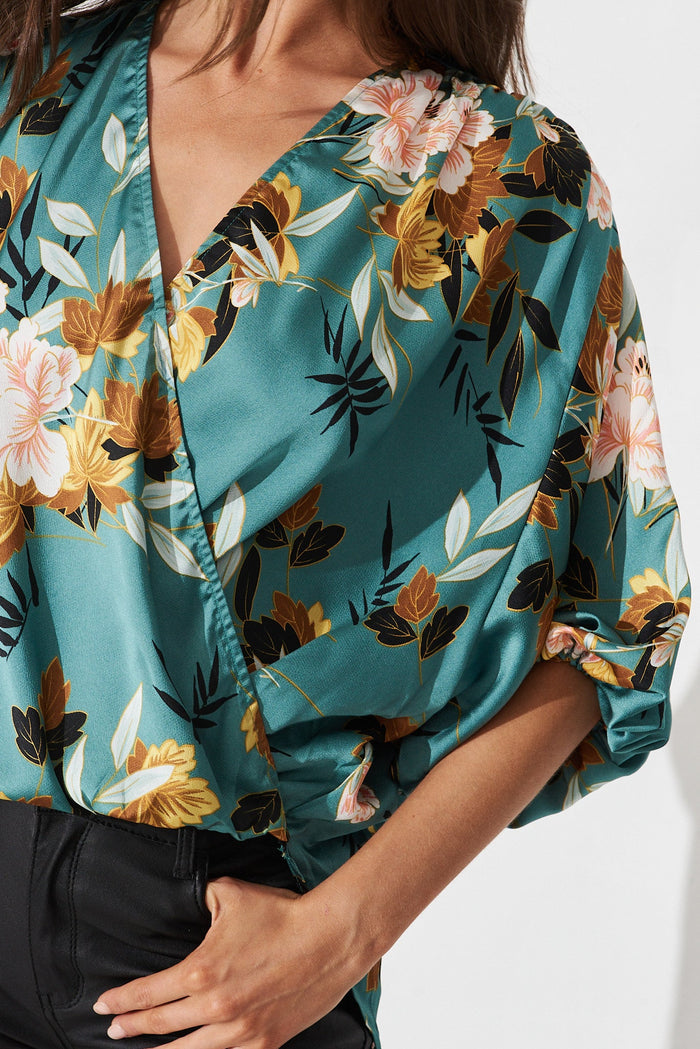 Solita Top In Green With Blush Floral Satin - detail