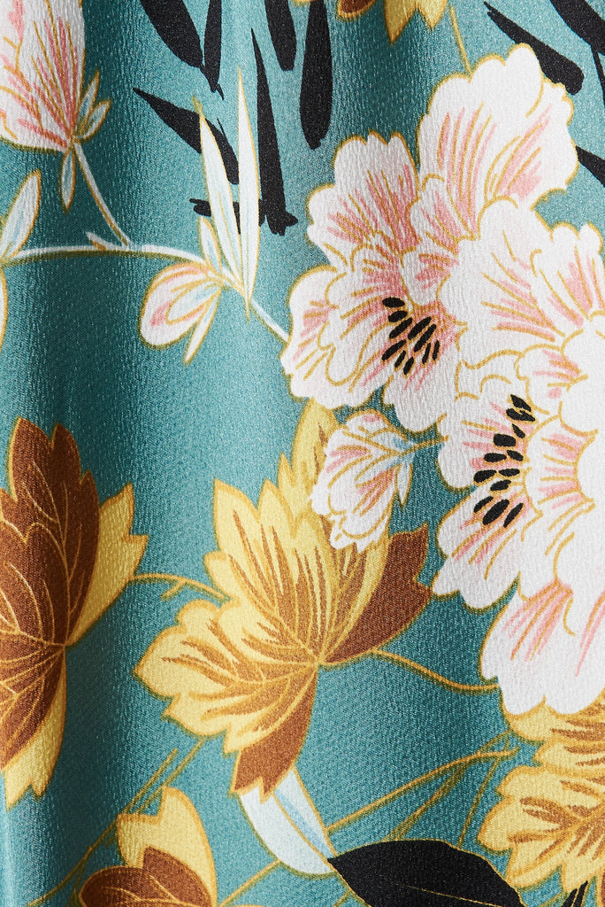 Solita Top In Green With Blush Floral Satin - fabric