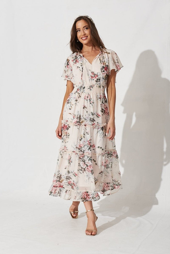 Cannie Midi Dress In Cream With Blush Floral Chiffon - St Frock (Dev)