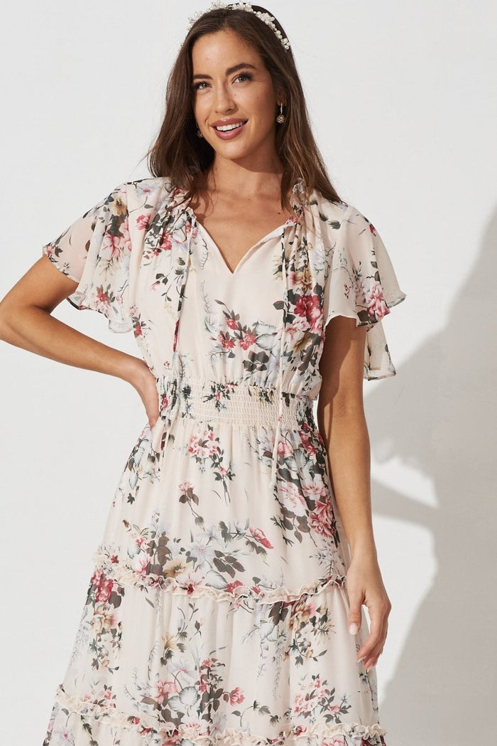 Cannie Midi Dress In Cream With Blush Floral Chiffon - St Frock (Dev)