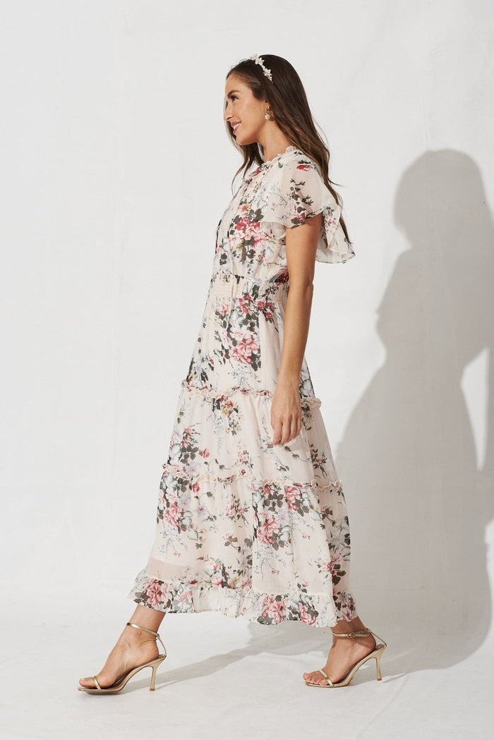 Cannie Midi Dress In Cream With Blush Floral Chiffon - St Frock (Dev)
