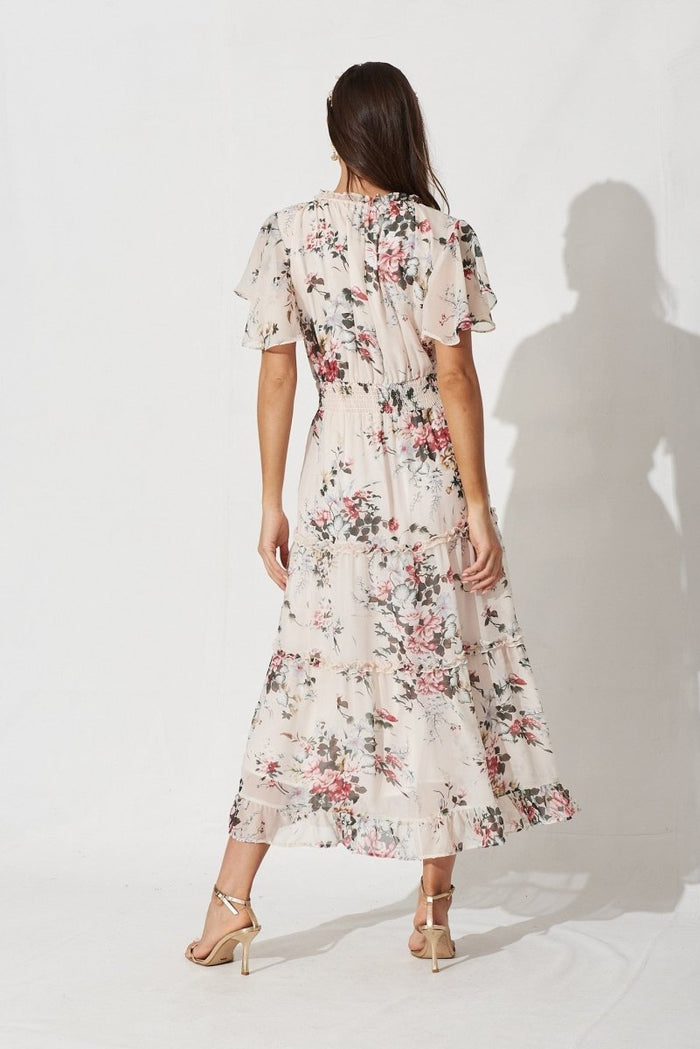 Cannie Midi Dress In Cream With Blush Floral Chiffon - St Frock (Dev)