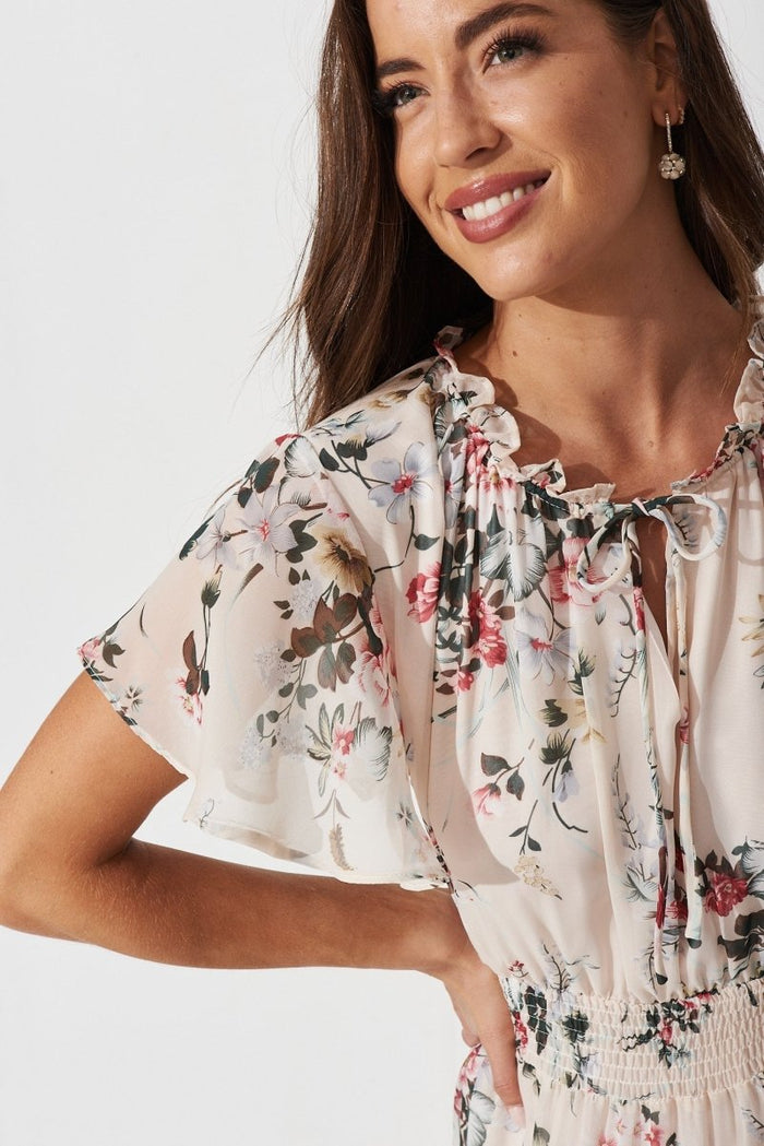 Cannie Midi Dress In Cream With Blush Floral Chiffon - St Frock (Dev)