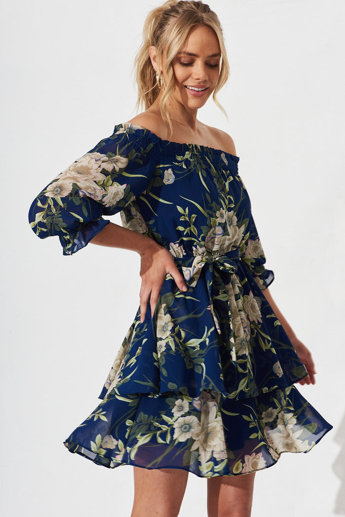 Amorety Dress In Navy With Beige Floral Chiffon - front