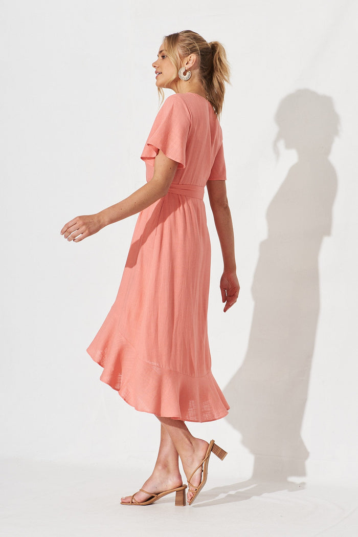 Coraline Midi Dress In Apricot Linen Blend - side