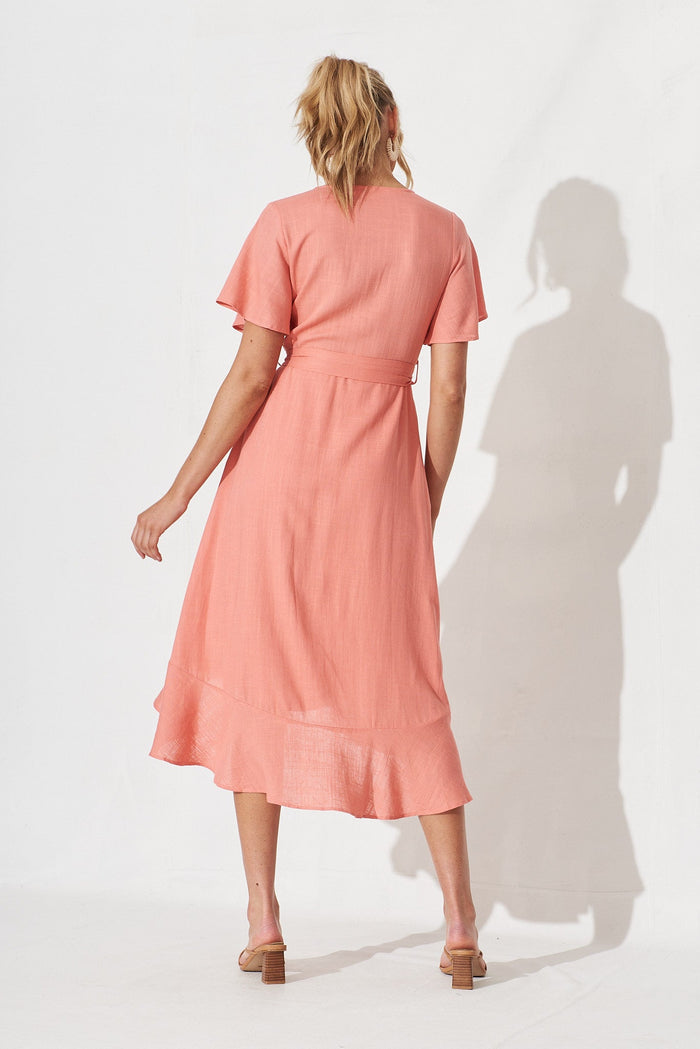 Coraline Midi Dress In Apricot Linen Blend - back