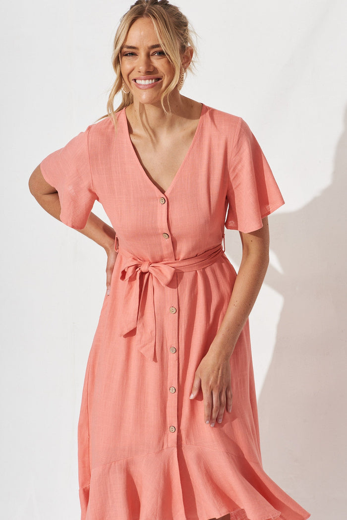 Coraline Midi Dress In Apricot Linen Blend - front
