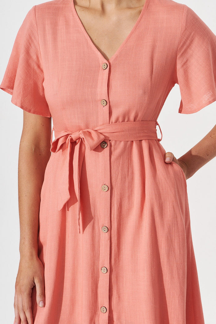 Coraline Midi Dress In Apricot Linen Blend - detail