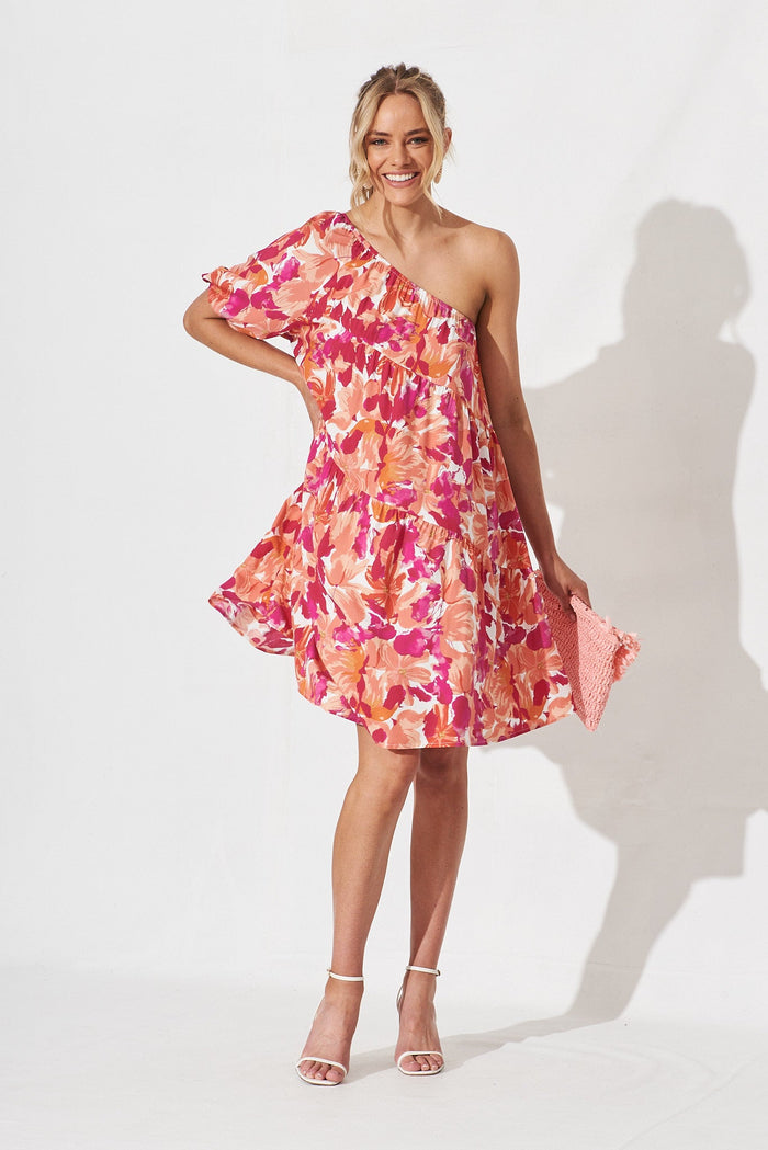 Naples One Shoulder Smock Dress In Pink Floral - full length