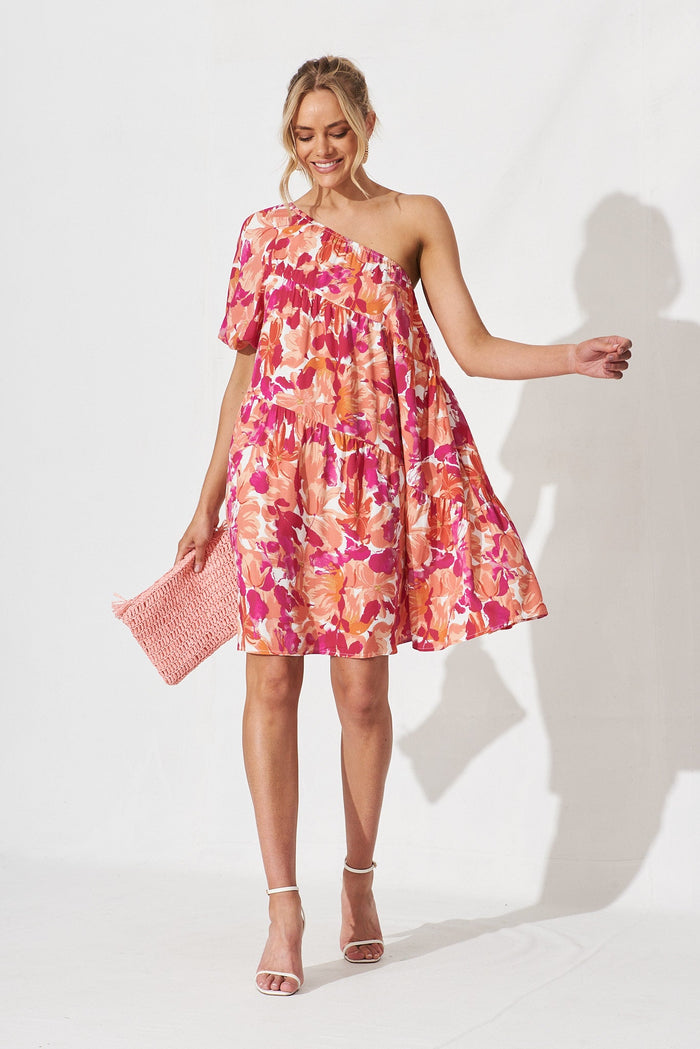 Naples One Shoulder Smock Dress In Pink Floral - full length