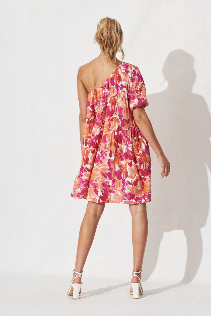 Naples One Shoulder Smock Dress In Pink Floral - back