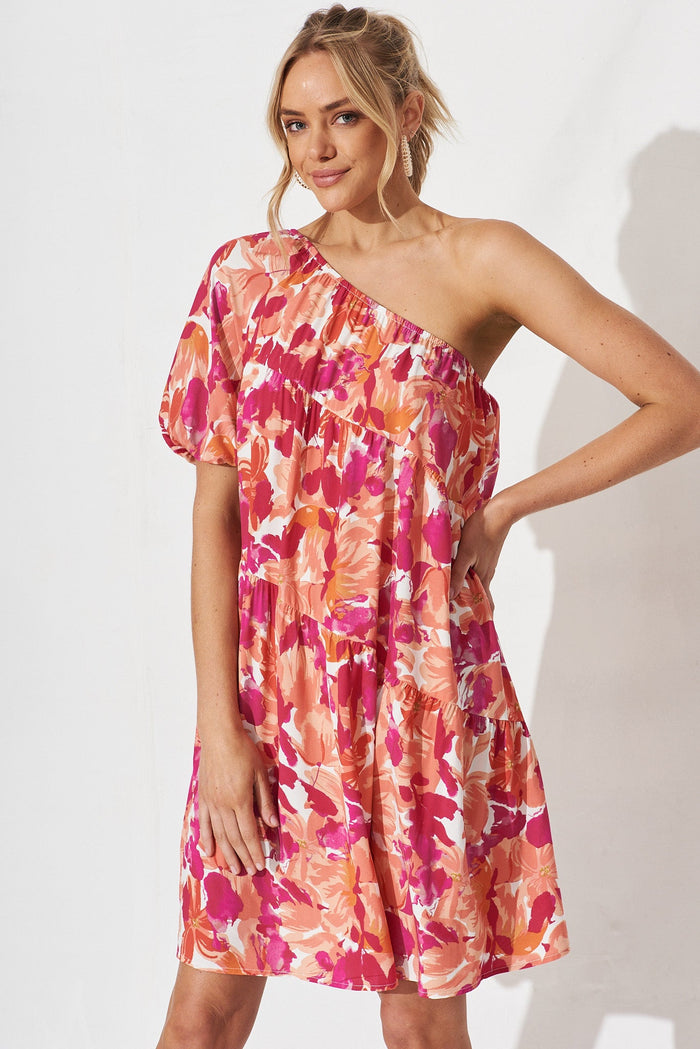 Naples One Shoulder Smock Dress In Pink Floral - front