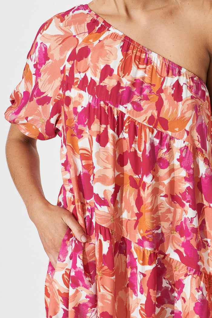 Naples One Shoulder Smock Dress In Pink Floral - detail