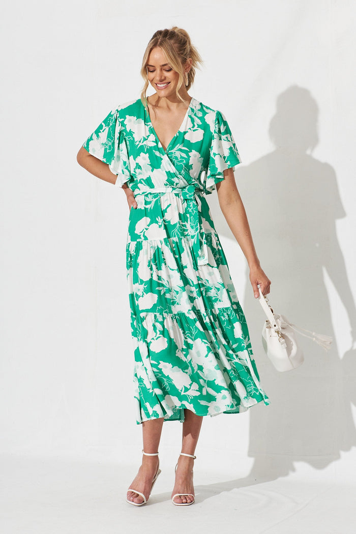 Kit Maxi Dress In Green With White Floral - full length
